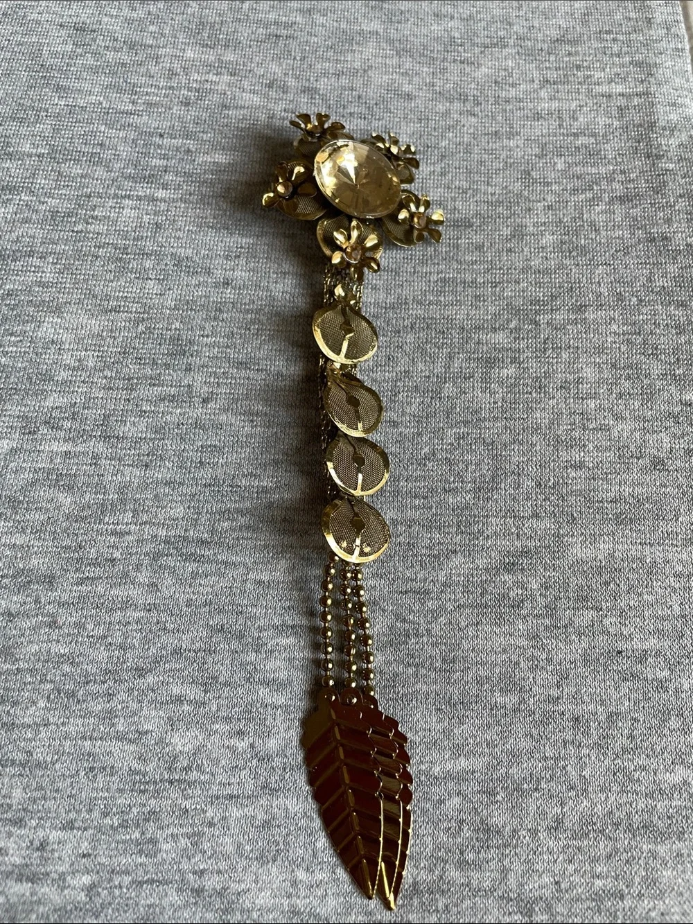 Gold Floral Drop Brooch with Crystal Accent - Women Jewelry Brooches